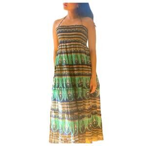 Colorful Print Smocked Midi Dress Adjustable Straps Tiered Skirt Size S